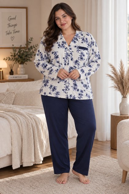 Women's Oversized Long Sleeve Pajama Set with Pocket Detail