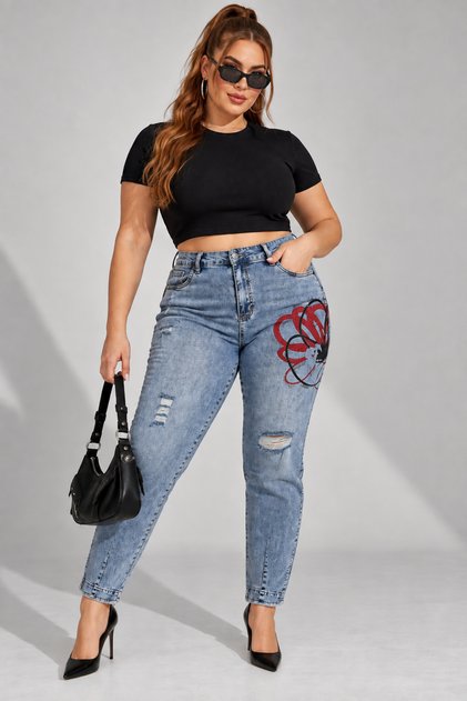 Plus Size High Waist Washed Denim Ripped and Stone Embellished Print Detailed Women's Trousers