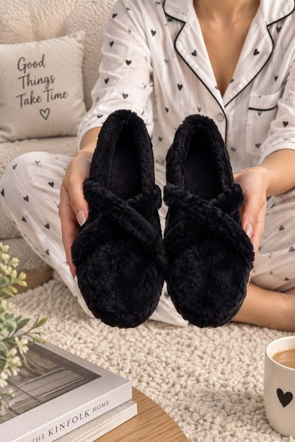 Banded Women's Home Slippers Winter Woolen Indoor Shoes Slippers a Black Suede
