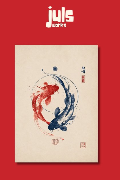 Japon Dalga ve Koi Balığı Poster, Uzak Doğu Sanatı Duvar Dekoru, Çerçevesiz Baskı