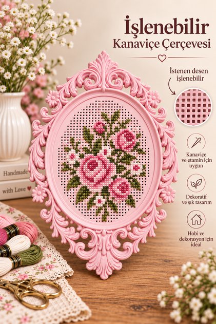 İşlenebilir Kanaviçe Çerçevesi Pembe, Dekoratif Nakış Kasnağı 12x8cm