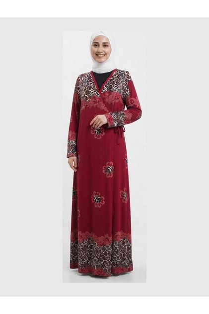 Hijab Prayer Dress Mother Burgundy Leopard Patterned Double Breasted
