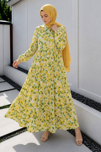 Leaf Patterned Dress with Patch Detail Tsd260261 Yellow
