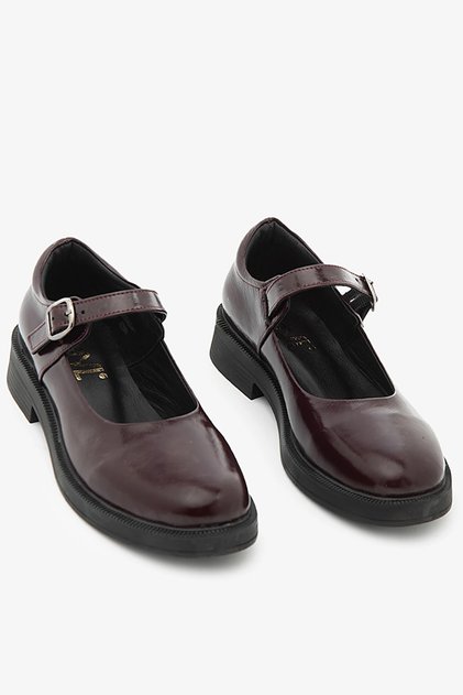 Burgundy Patent Leather Genuine Leather Ballerinas with Buckle Detail
