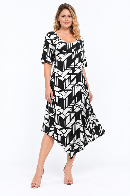 Women's Plus Size, Black-White, Asymmetrical Hemline, Geometric Pattern, Short Sleeve Viscose Dress 65N39634