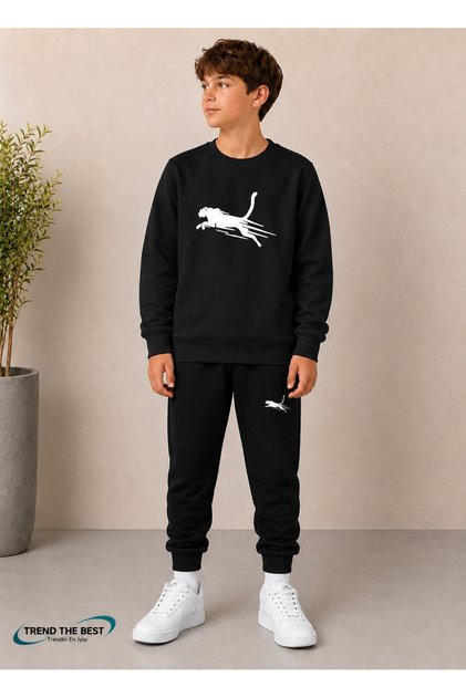 Winter Unisex Black Tracksuit, Black Sweat Top and Bottom Set