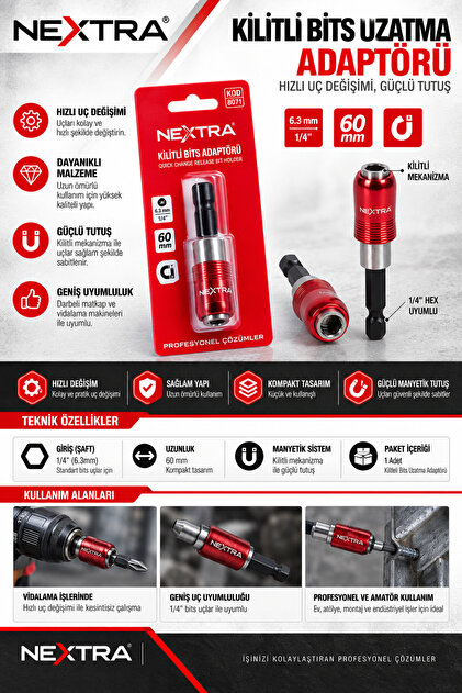 Kilitli Bits Uzatma Adaptörü 1/4" 6.3 mm 60 mm – Hızlı Değişim Manyetik Bits Tutucu Matkap Vidalama Aparatı