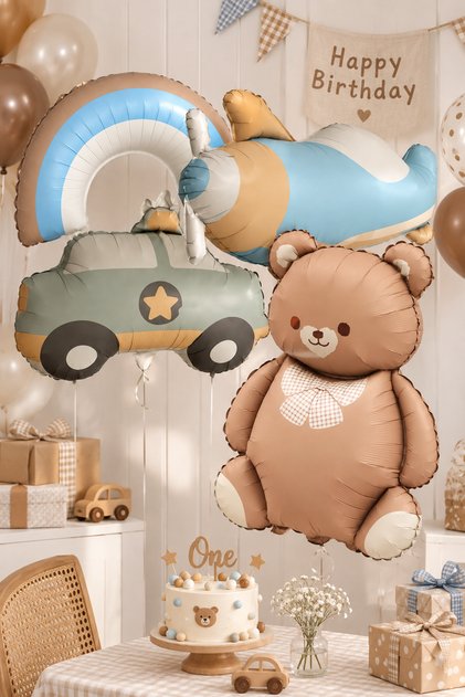 Retro Colors Bow Tie Teddy Bear Airplane Police Car and Blue Rainbow Foil Balloon Set