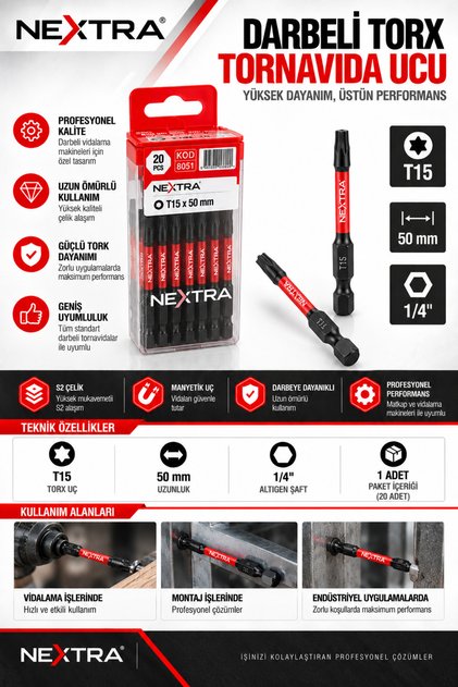 T15 x 50 mm Darbeli Torx Tornavida Ucu 1/4" Altıgen Şaft S2 Çelik Manyetik Vidalama Bits