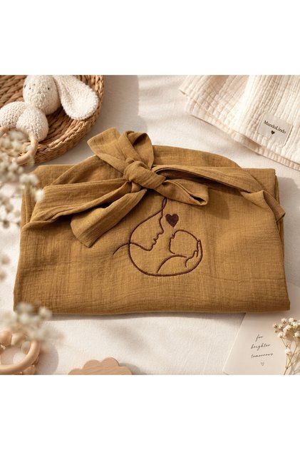 Breastfeeding Cover with Embroidery Detail, 100% Cotton, Double Layer Muslin, Multi-Purpose Stroller Cover, Breastfeeding Bib, Camel