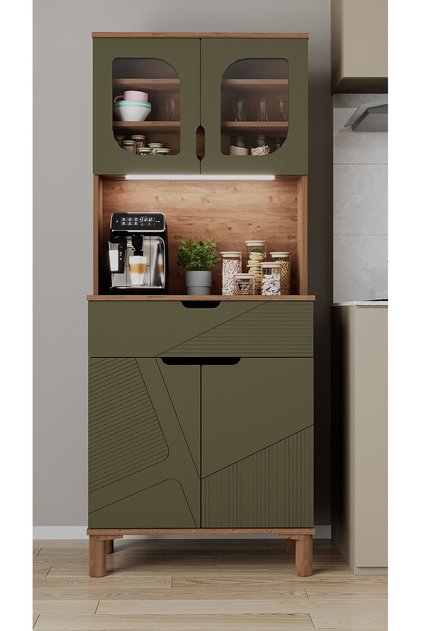 AE-9001 Barista Atlantik Çam/Haki Yeşil Çok Amaçlı Kahve Köşesi Mutfak Kiler Dolabı Cam Kapaklı Ledli Çekmeceli 79,6 x 40 x 195,8 cm