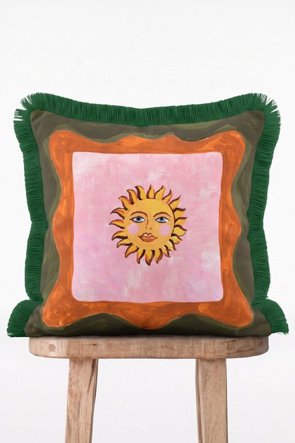Soleil Face Retro Sun Face Motif Orange Green Edged Fringed Throw Pillow Cover