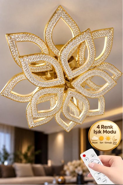Flora Model Gold 13"lü Ledli Tavana Sıfır 3 Renk Modu Kristal Salon Mutfak Yatak Çocuk Odası Avize