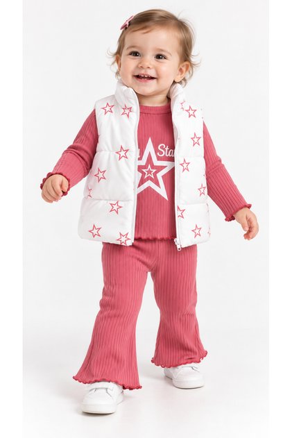 Baby Girl Patterned Puffy Vest 3-Piece Set – Long Sleeve Top and Pants