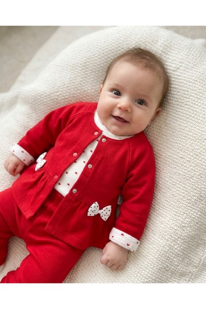 Baby Girl Newborn Heart Printed Snap-On Bodysuit with Red Jacket 3-6-9-12 Months Stylish 3-Piece Set