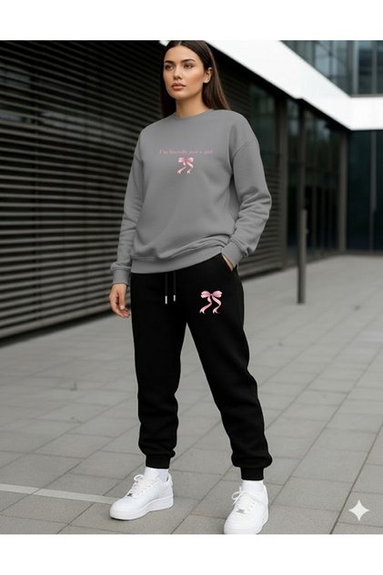 Women's Oversize Crew Neck Sweatshirt Tracksuit Set Casual Comfortable Cut Printed 2-Piece Set with Written Text and Ribbon Print