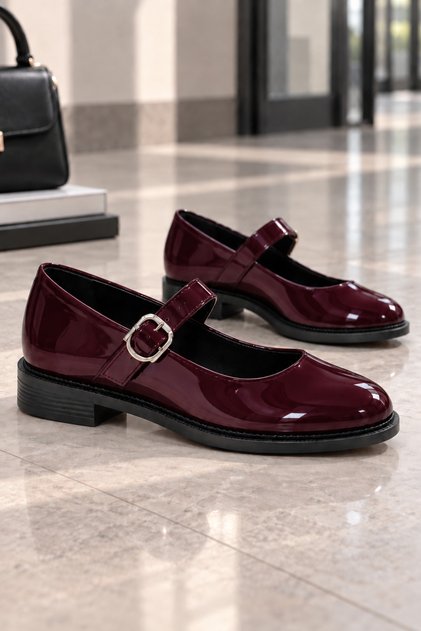 Clara Women's Burgundy Patent Leather Belted Mary Jane Ballerina Shoes with Orthopedic Soles