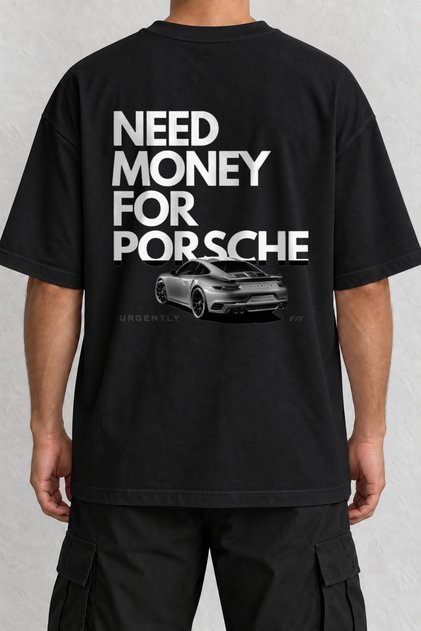 تي شيرت أسود كبير الحجم مطبوع عليه Need Money Spor Otomobil