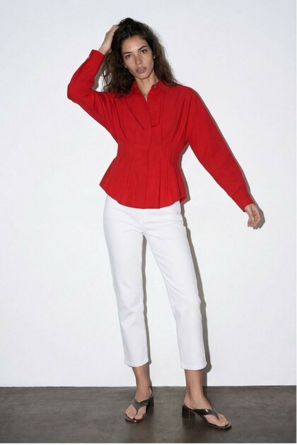 Women's Red Gathered Detailed Shirt