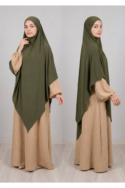 Full Size Triangle Sandy Souffle Khimar Hijab Scarf Khaki