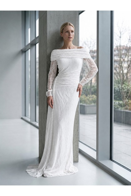 BEYAZ DANTEL NİKAH ELBİSESİ WEDDİNG ASİMETRİK YAKA DRAPELİ UZUN ABİYE