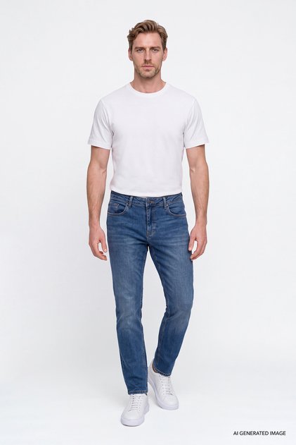 Erkek Lacivert Pamuklu Comfort Fit Rahat Kesim 5 Cepli Esnek Rahat Jean Kot Denim Pantolon
