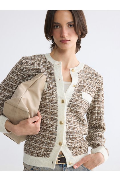 Lcwaikiki Classic Crew Neck Patterned Women's Knitwear Cardigan
