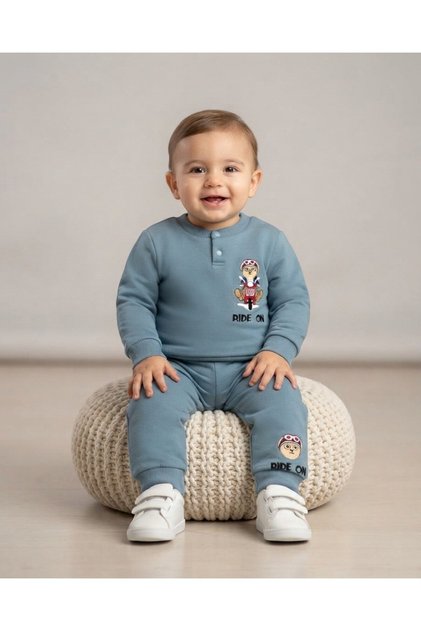 Baby Boy Winter 3 Thread Yarn Rastered Ride on Printed 6-9-12-18-24 Months 2-Piece Top and Bottom Set