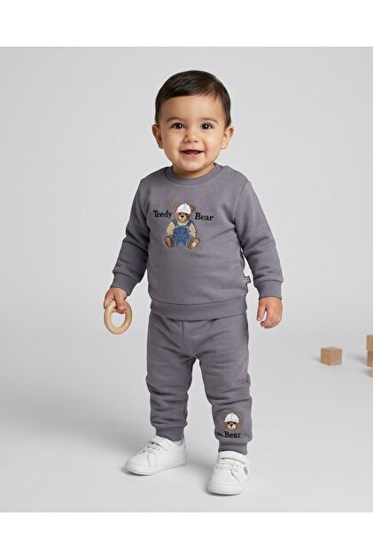 Baby Boy Winter 3 Thread Threaded Bear Bear Printed 6-9-12-18-24 Months 2-Piece Top and Bottom Set