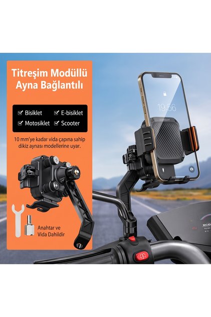 Motorcycle Phone Holder with Mirror Mount Vibration Module - 4-Axis Shock Absorbing with Anti-Vibration