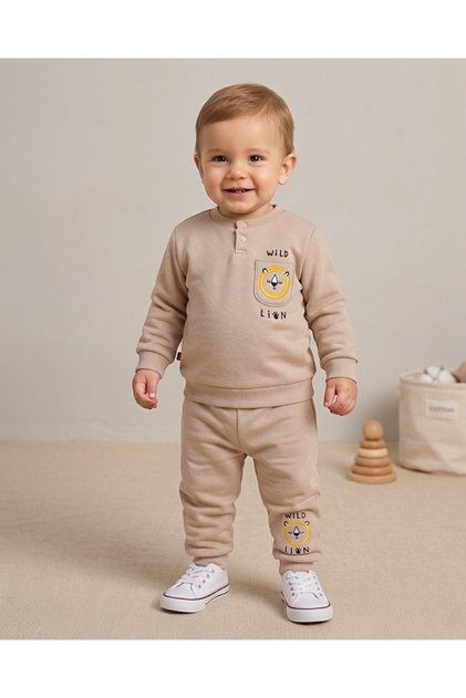 Baby Boy Winter 3 Threaded Threaded Lion Embroidered 6-9-12-18-24 Months 2-Piece Top and Bottom Set