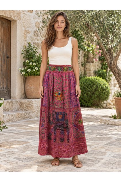 Fuchsia Color Ivy and Elephant Embroidered Bohemian Long Skirt