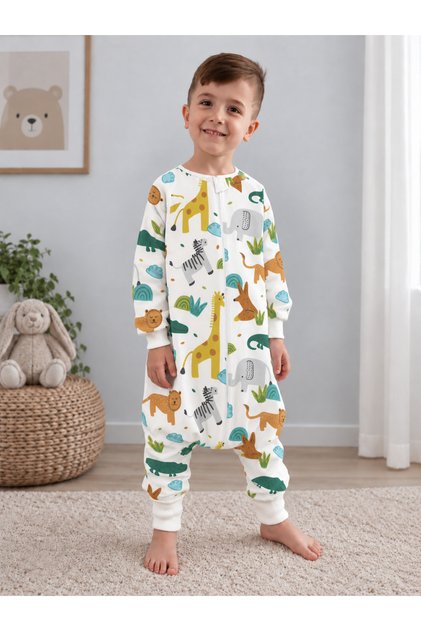 Winter Long Sleeve Baby Kids Sleeping Bag 100% Cotton Double Layer Flannel 1 Tog 20-24 ° C Safari Patterned Footed Jumpsuit