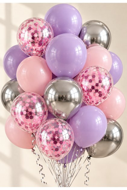 Lilac Pink Silver Balloon Set 20-Piece Macaron Lilac Chrome Silver Pink Confetti Birthday Baby Shower Party Decoration Balloons