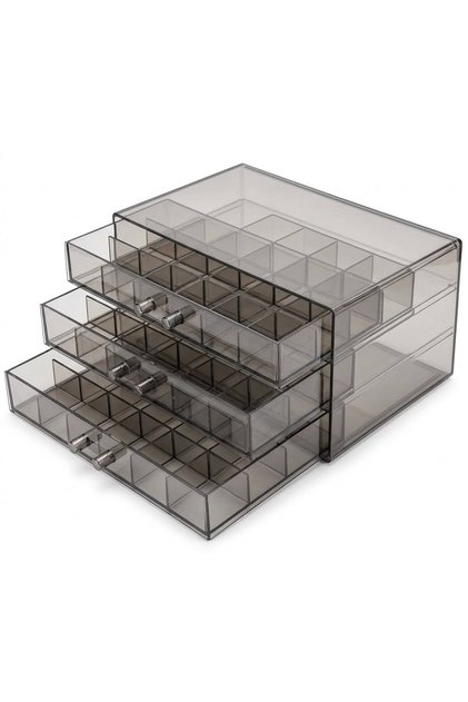 Organizator Bijuterii și Accesorii cu 3 Sertare Compartimentate, Acrilic Gri Transparent, 24.9 x 16.7 x 11.4 cm