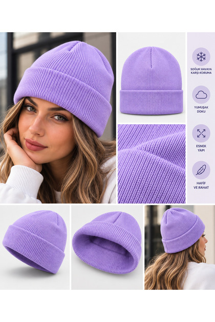 Lila Unisex Triko Bere – Katlamalı Basic Kışlık Bere