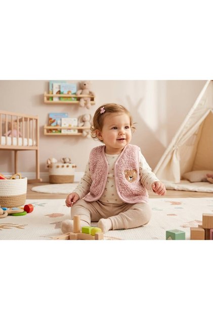 Baby Plush Vest with Punch Teddy Bear Embroidery - Pink