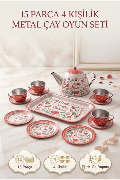 Çocuk Çay Seti Çiçek Desenli 15 Parça 4 Kişilik Oyuncak Metal Fincan Takımı Evcilik Oyun Seti