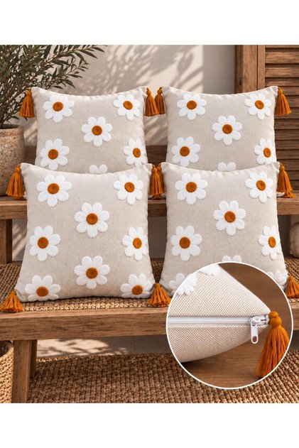Floral Çiçek Desenli Püsküllü Punch 4'Lü Kırlent Kılıfı(İç Dolgusuz)