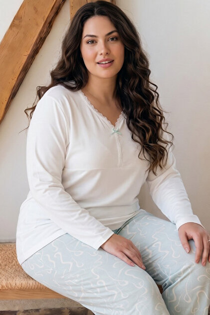 Ecru Patterned Large Size Oversized Viscose Knitted Pajama Set 26224836
