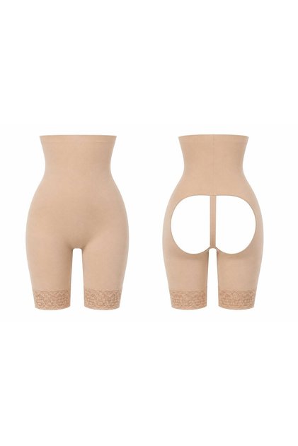 Beige High-Waisted Shaping and Slimming Shorts with Back Cutouts for Body Accentuation and Elegant Lace Accents