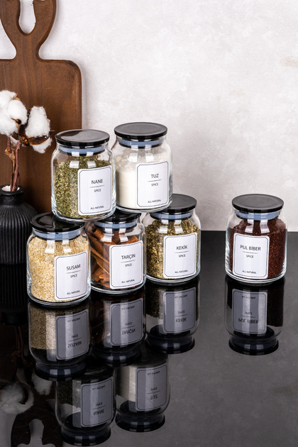 6-Piece 300 ml Premium Black Mica Vacuum Lid Glass Spice Jar Set with Spice Labels Storage Container Set