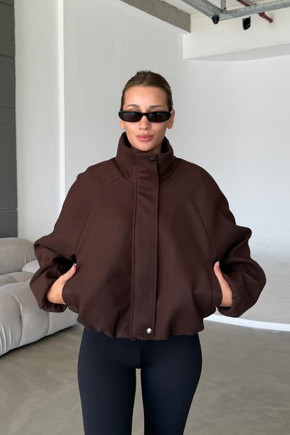Acı Kahve Balon Kol Oversize İthal Kumaş Dik Yaka Pileli Tüylenmez Kaşe Kaban Mont