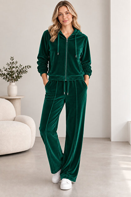 Women's Velvet Tracksuit Set with Hooded Zipper and Pockets, Comfortable Fit