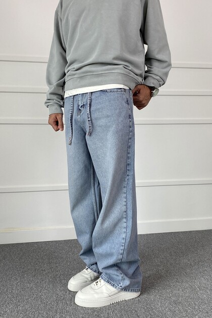 Comfortable Cut Blue Loose Fit Baggy Jeans with Rope Belt