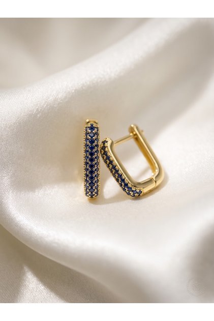 Kadın Gold Lacivert Zirkon Taşlı Geometrik Halka Küpe Safir Mavisi Taşlı Şık Küpe