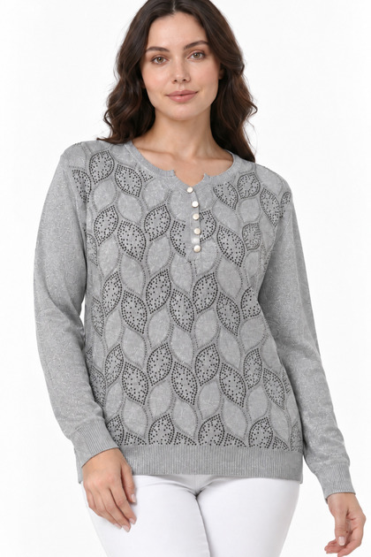 Women's Collar Button Detailed Stone Printed Long Sleeve Glittery Knitwear Blouse
