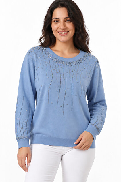 Women's Long Sleeve Knitwear Blouse with Stone Print on Front and Sleeves