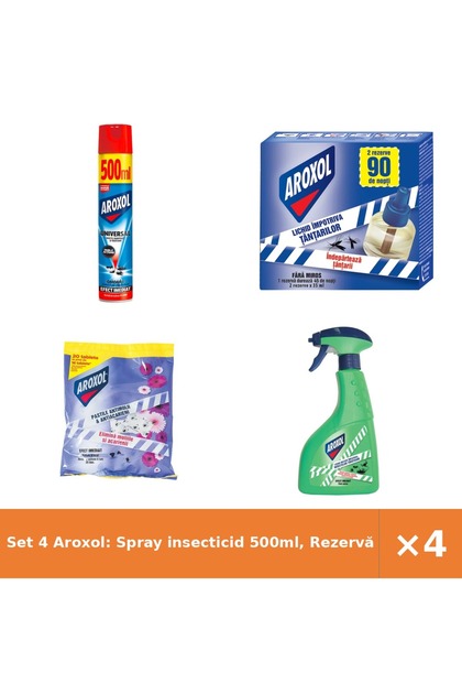 Set 4 Aroxol: Spray insecticid 500ml, Rezervă 2x45ml, Pastile molii 20buc, Lichid instant târâtoare