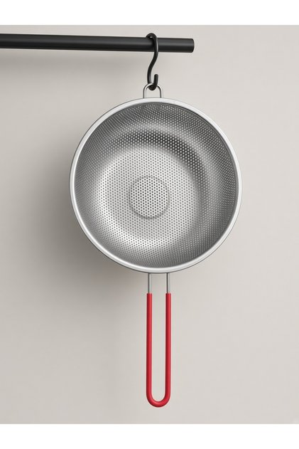 Stainless Steel Red Silicone Handle Perforated Kitchen Strainer - Pasta and Vegetable Washing Strainer with Handle